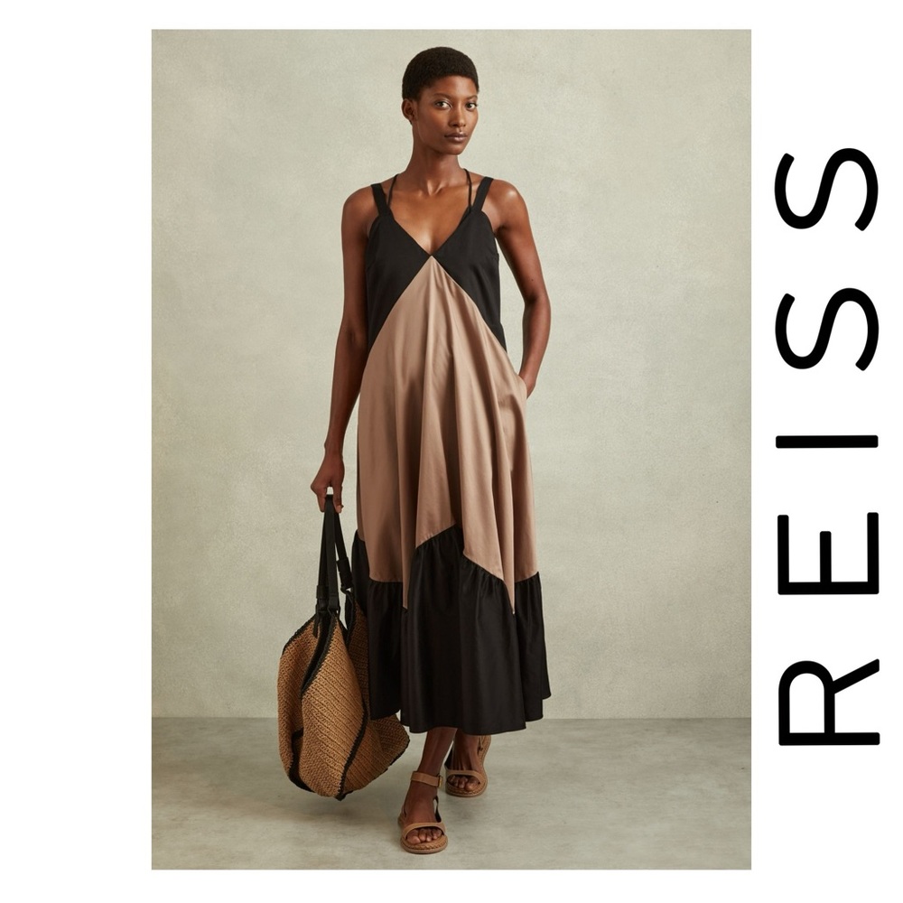 New! REISS LONDON “Natalie” Colorblock Tiered Midi Dress in Taupe and Black - Picture 2 of 11